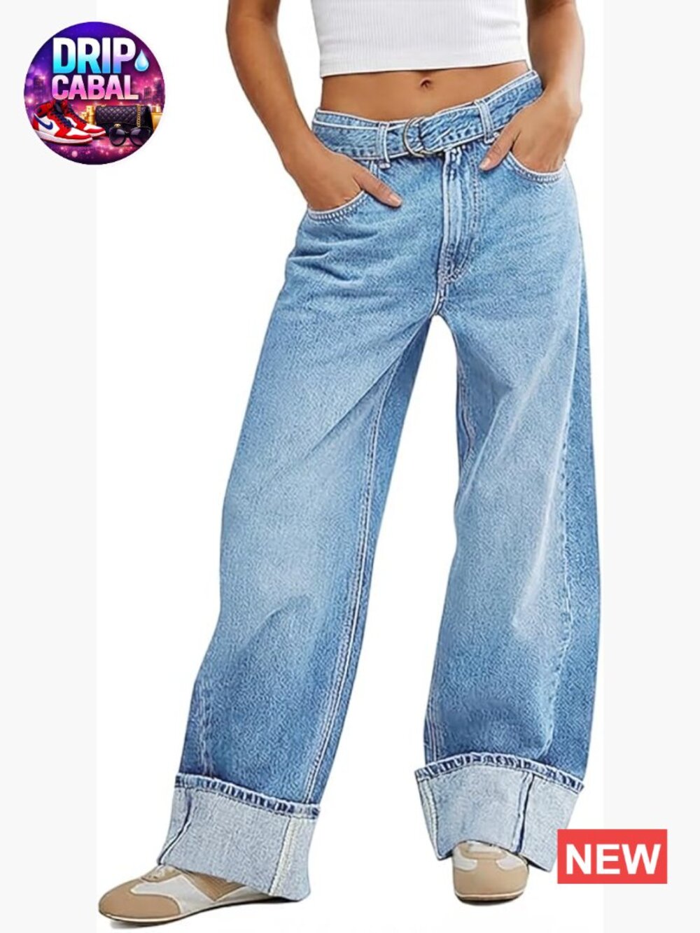 High Waisted Wide Leg Cuffed Boyfriend Jeans with Belt
